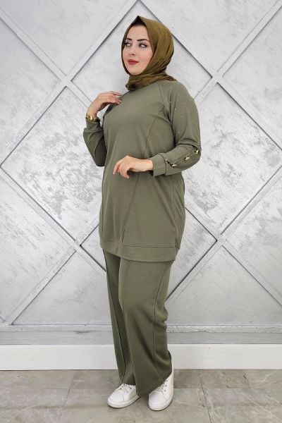 KADIN NERVÜR DİKİM DÜĞME DETAYLI TESETTÜR TAKIM HAKİ - 5 BEDEN