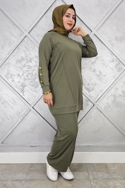 KADIN NERVÜR DİKİM DÜĞME DETAYLI TESETTÜR TAKIM HAKİ - 5 BEDEN