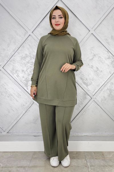 KADIN NERVÜR DİKİM DÜĞME DETAYLI TESETTÜR TAKIM HAKİ - 5 BEDEN