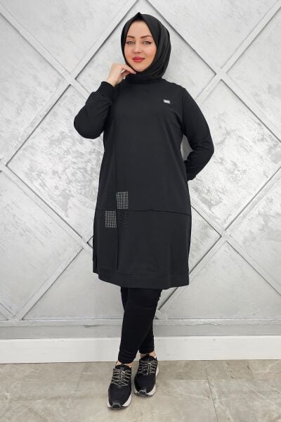 KADIN KARE TAŞ DETAYLI ARMALI TESETTÜR TUNİK SİYAH - 2 BEDEN