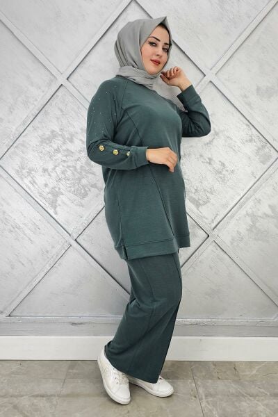 KADIN NERVÜR DİKİM DÜĞME DETAYLI TESETTÜR TAKIM YEŞİL - 5 BEDEN