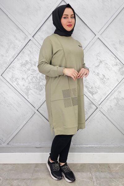 KADIN KARE TAŞ DETAYLI ARMALI TESETTÜR TUNİK MİNT YEŞİLİ - 4 BEDEN