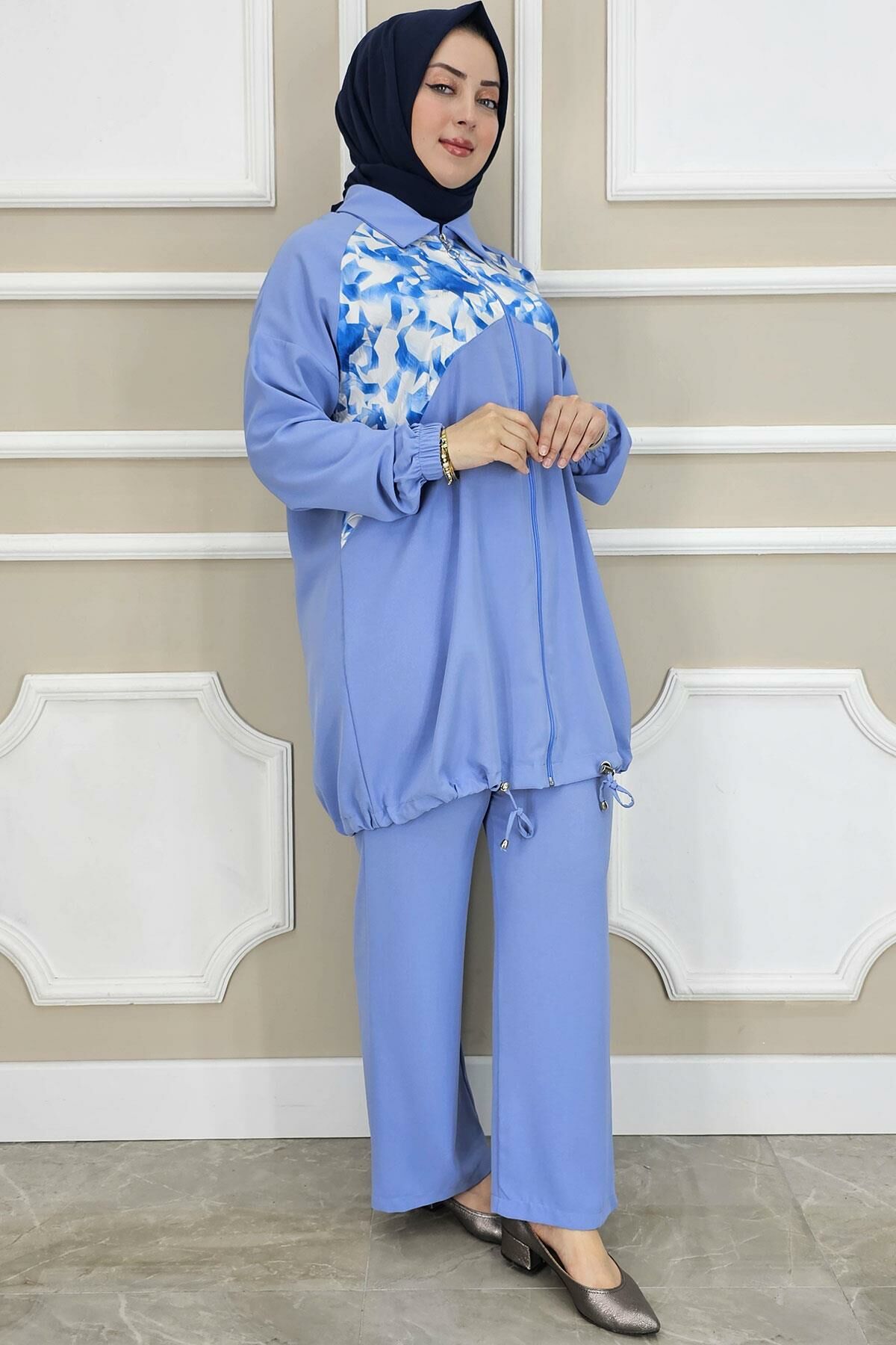 PYS KADIN DESEN KOMBİNLİ TESETTÜR TAKIM MAVİ - 5 BEDEN