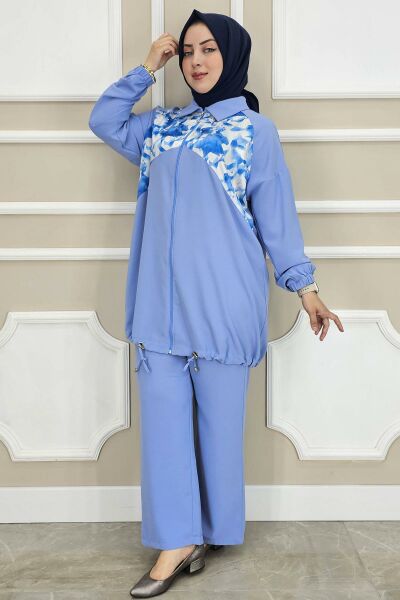 PYS KADIN DESEN KOMBİNLİ TESETTÜR TAKIM MAVİ - 5 BEDEN