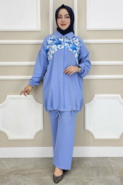 PYS KADIN DESEN KOMBİNLİ TESETTÜR TAKIM MAVİ - 5 BEDEN