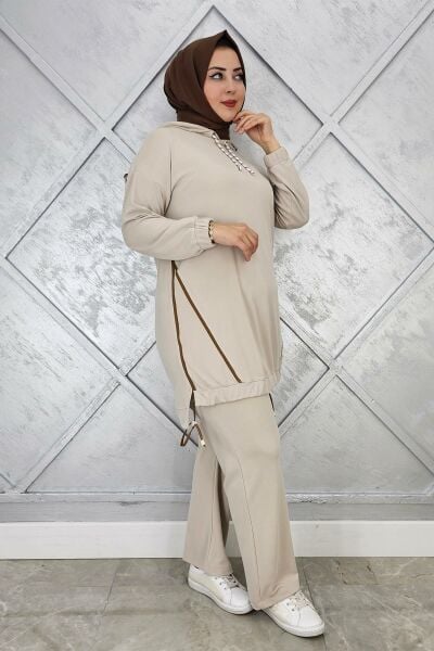 KADIN KAPÜŞONLU KOMBİNLİ TESETTÜR TAKIM TAŞ - 5 BEDEN