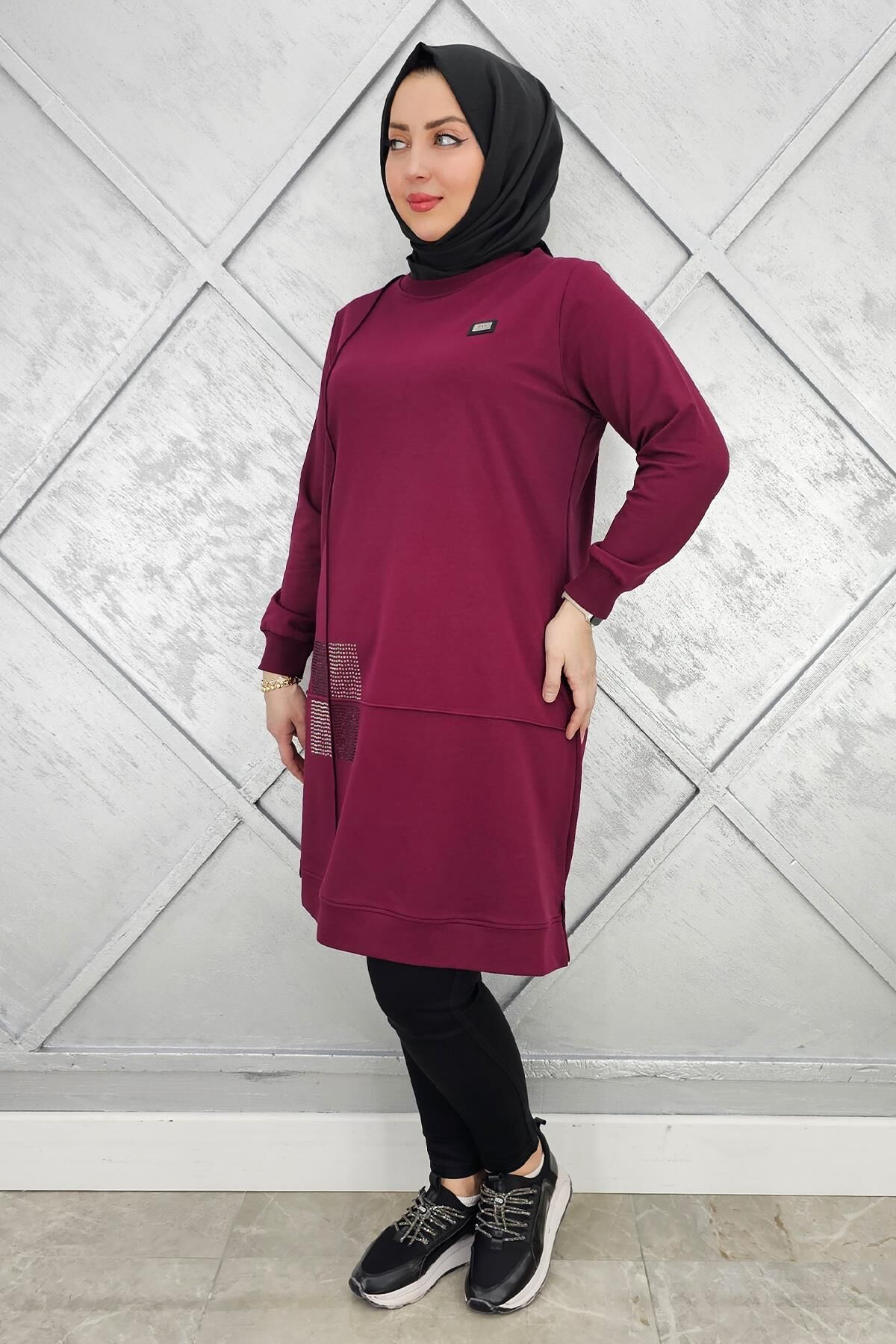 KADIN KARE TAŞ DETAYLI ARMALI TESETTÜR TUNİK BORDO - 5 BEDEN