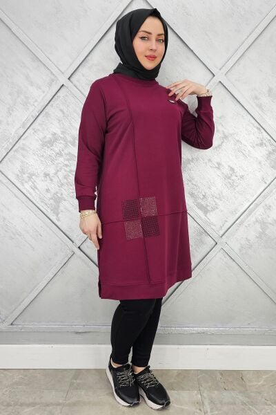 KADIN KARE TAŞ DETAYLI ARMALI TESETTÜR TUNİK BORDO - 5 BEDEN