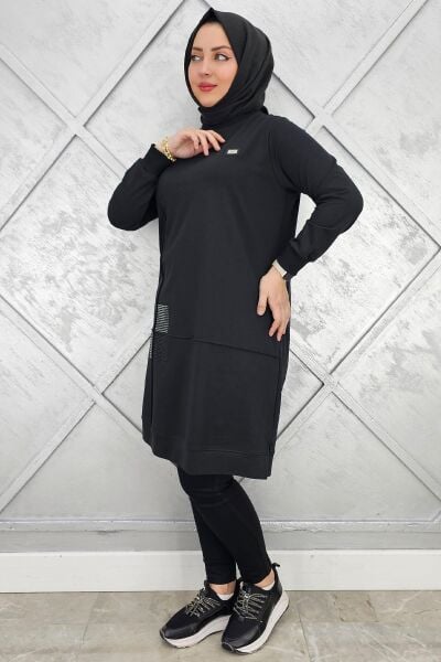 KADIN KARE TAŞ DETAYLI ARMALI TESETTÜR TUNİK SİYAH - 5 BEDEN