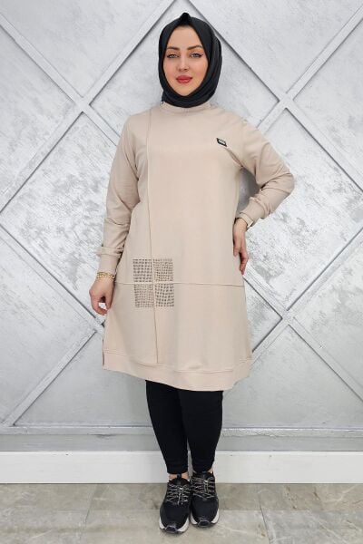 KADIN KARE TAŞ DETAYLI ARMALI TESETTÜR TUNİK BEJ - 2 BEDEN