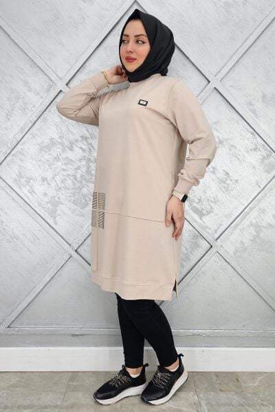 KADIN KARE TAŞ DETAYLI ARMALI TESETTÜR TUNİK BEJ - 5 BEDEN