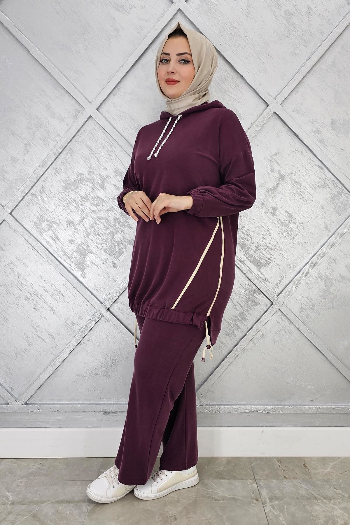 KADIN KAPÜŞONLU KOMBİNLİ TESETTÜR TAKIM BORDO - 3 BEDEN