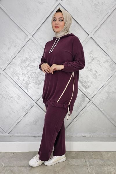 KADIN KAPÜŞONLU KOMBİNLİ TESETTÜR TAKIM BORDO - 3 BEDEN