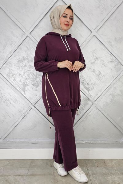 KADIN KAPÜŞONLU KOMBİNLİ TESETTÜR TAKIM BORDO - 3 BEDEN
