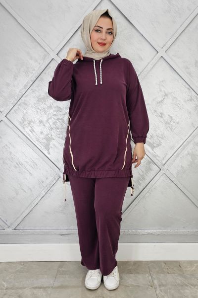 KADIN KAPÜŞONLU KOMBİNLİ TESETTÜR TAKIM BORDO - 4 BEDEN