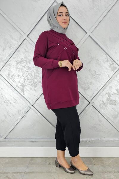 KADIN DİKME VE TAŞ DETAYLI TESETTÜR TUNİK BORDO - 2 BEDEN