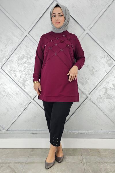 KADIN DİKME VE TAŞ DETAYLI TESETTÜR TUNİK BORDO - 2 BEDEN