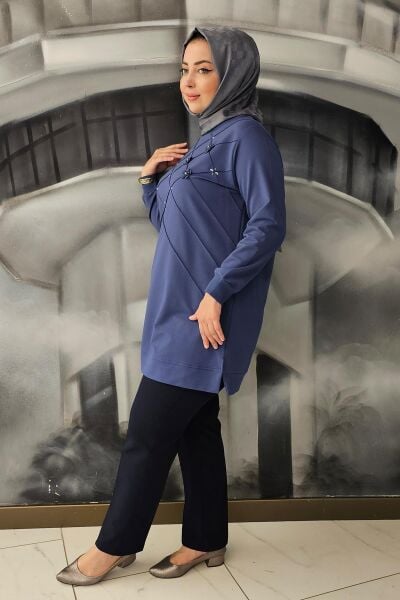KADIN DİKME VE TAŞ DETAYLI TESETTÜR TUNİK İNDİGO - 5 BEDEN