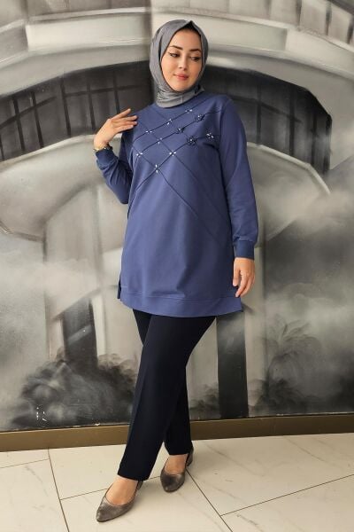 KADIN DİKME VE TAŞ DETAYLI TESETTÜR TUNİK İNDİGO - 5 BEDEN