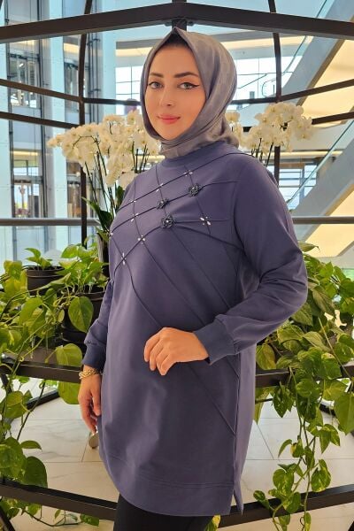 KADIN DİKME VE TAŞ DETAYLI TESETTÜR TUNİK İNDİGO - 5 BEDEN