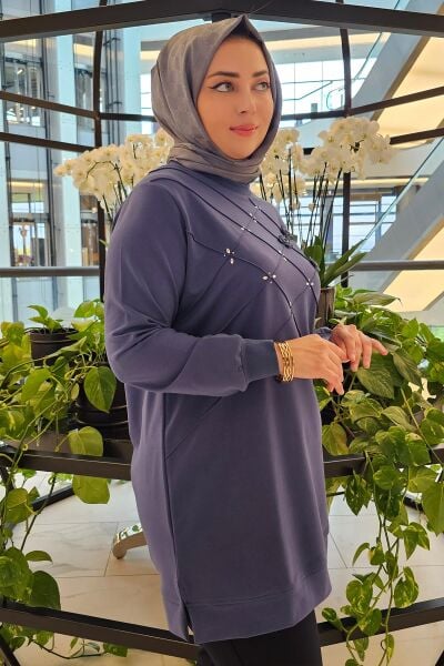 KADIN DİKME VE TAŞ DETAYLI TESETTÜR TUNİK İNDİGO - 5 BEDEN