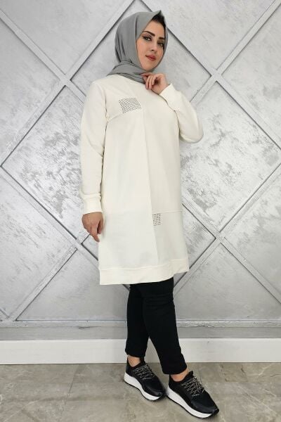 KADIN TAŞ YAPIŞTIRMALI TESETTÜR TUNİK EKRU - XL