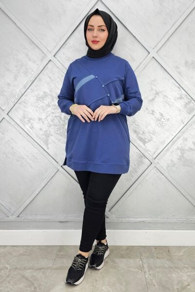 KADIN TAŞ DETAYLI TESETTÜR TUNİK İNDİGO - XL