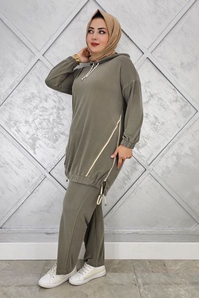 KADIN KAPÜŞONLU KOMBİNLİ TESETTÜR TAKIM HAKİ - 5 BEDEN