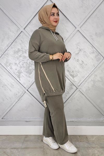 KADIN KAPÜŞONLU KOMBİNLİ TESETTÜR TAKIM HAKİ - 5 BEDEN