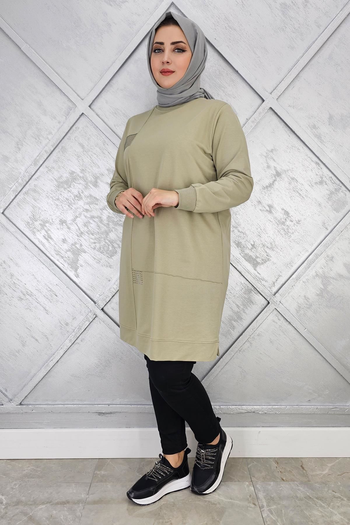 KADIN TAŞ YAPIŞTIRMALI TESETTÜR TUNİK MİNT YEŞİLİ - L