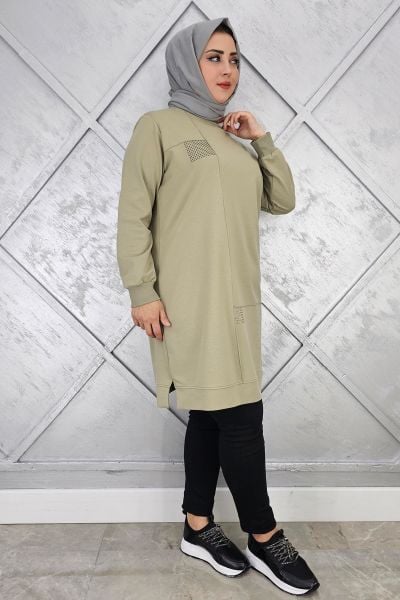 KADIN TAŞ YAPIŞTIRMALI TESETTÜR TUNİK MİNT YEŞİLİ - L