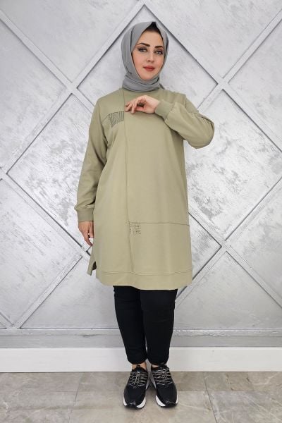 KADIN TAŞ YAPIŞTIRMALI TESETTÜR TUNİK MİNT YEŞİLİ - L