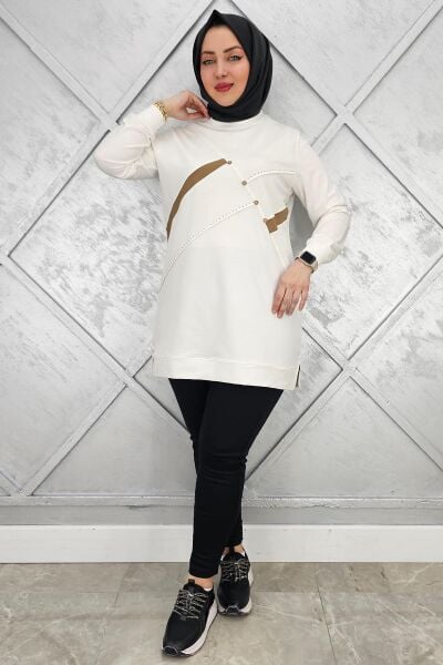 KADIN TAŞ DETAYLI TESETTÜR TUNİK EKRU - 2XL