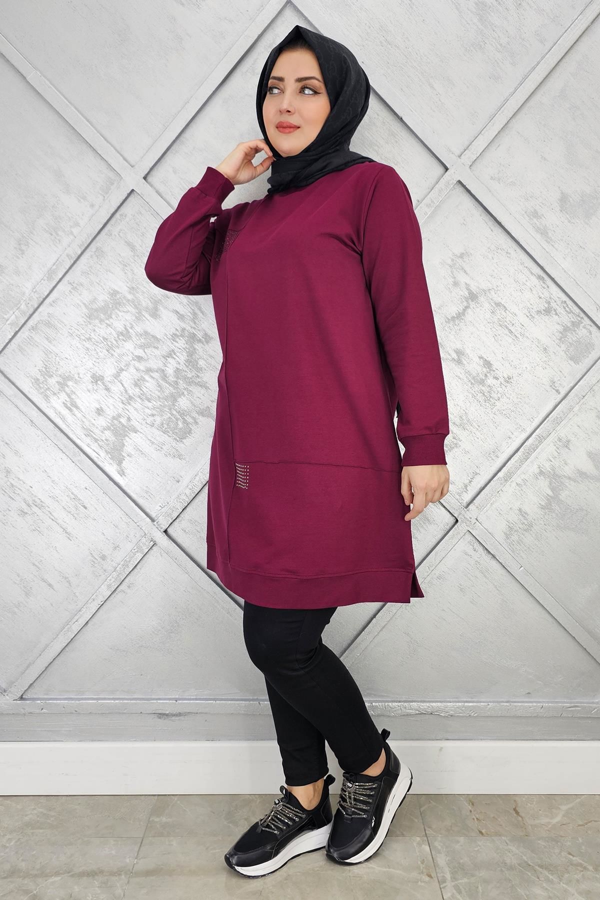 KADIN TAŞ YAPIŞTIRMALI TESETTÜR TUNİK BORDO - 2XL