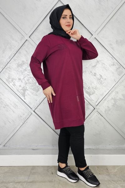 KADIN TAŞ YAPIŞTIRMALI TESETTÜR TUNİK BORDO - 2XL