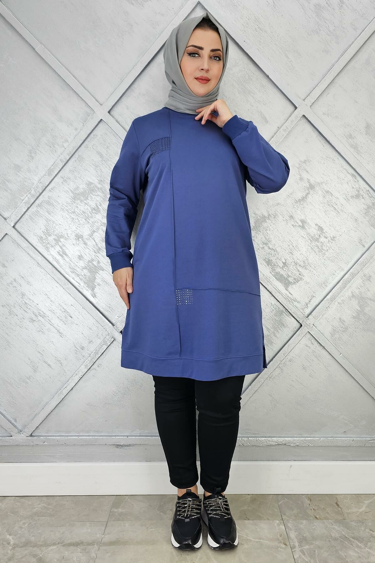 KADIN TAŞ YAPIŞTIRMALI TESETTÜR TUNİK İNDİGO - L