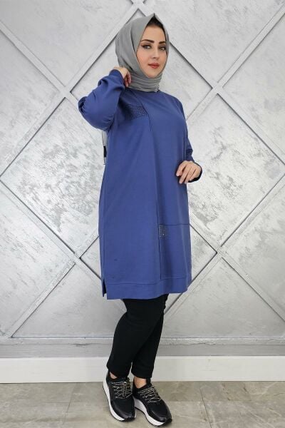 KADIN TAŞ YAPIŞTIRMALI TESETTÜR TUNİK İNDİGO - L