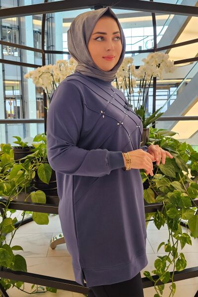 KADIN DİKME VE TAŞ DETAYLI TESETTÜR TUNİK İNDİGO - 3 BEDEN