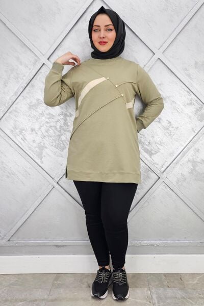 KADIN TAŞ DETAYLI TESETTÜR TUNİK HAKİ - XL