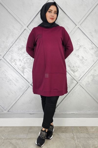 KADIN TAŞ YAPIŞTIRMALI TESETTÜR TUNİK BORDO - 3XL