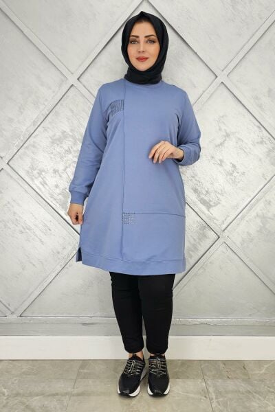 KADIN TAŞ YAPIŞTIRMALI TESETTÜR TUNİK MAVİ - 2XL