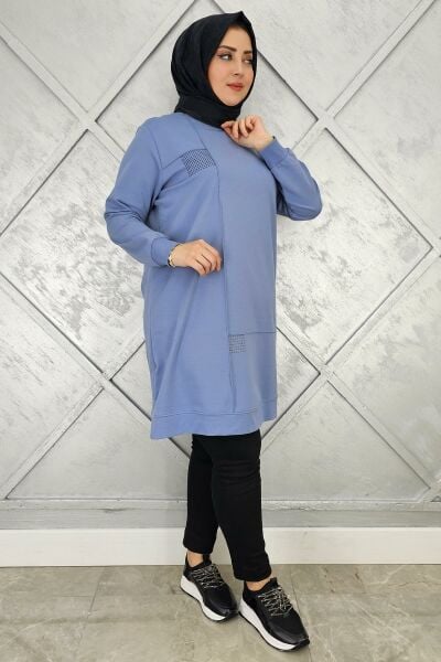 KADIN TAŞ YAPIŞTIRMALI TESETTÜR TUNİK MAVİ - 2XL