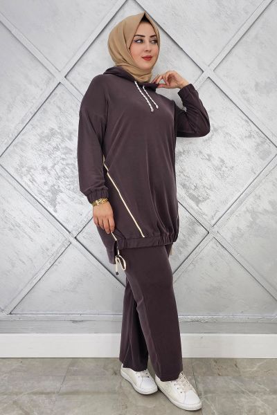 KADIN KAPÜŞONLU KOMBİNLİ TESETTÜR TAKIM KAHVERENGİ - 4 BEDEN