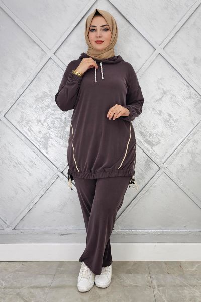 KADIN KAPÜŞONLU KOMBİNLİ TESETTÜR TAKIM KAHVERENGİ - 4 BEDEN
