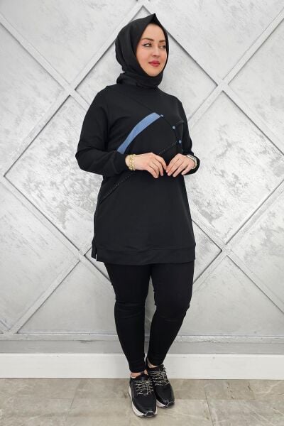 KADIN TAŞ DETAYLI TESETTÜR TUNİK SİYAH - L