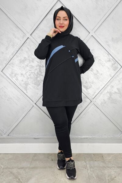 KADIN TAŞ DETAYLI TESETTÜR TUNİK SİYAH - L
