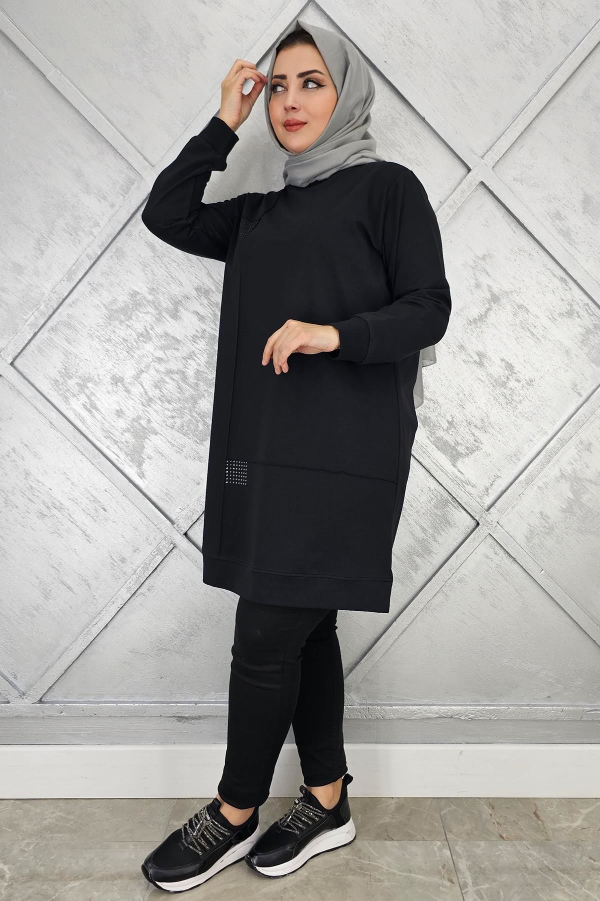 KADIN TAŞ YAPIŞTIRMALI TESETTÜR TUNİK SİYAH - XL