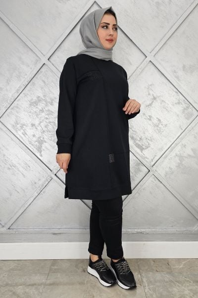 KADIN TAŞ YAPIŞTIRMALI TESETTÜR TUNİK SİYAH - XL
