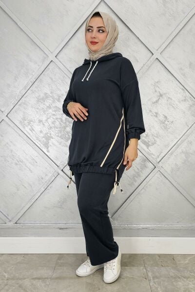KADIN KAPÜŞONLU KOMBİNLİ TESETTÜR TAKIM SİYAH - 2 BEDEN