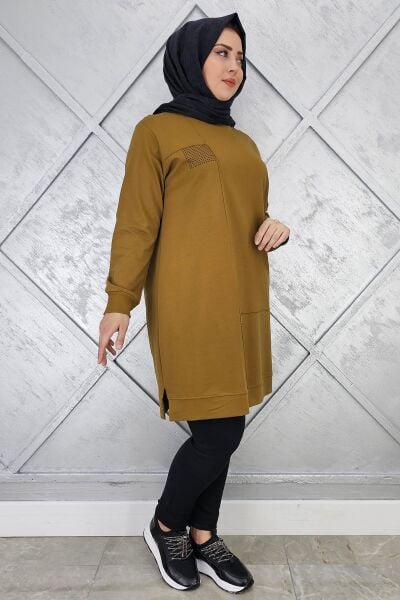 KADIN TAŞ YAPIŞTIRMALI TESETTÜR TUNİK YAĞ YEŞİLİ - 2XL